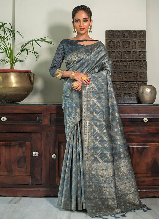 Contemporary Tussar Silk Grey Woven Saree