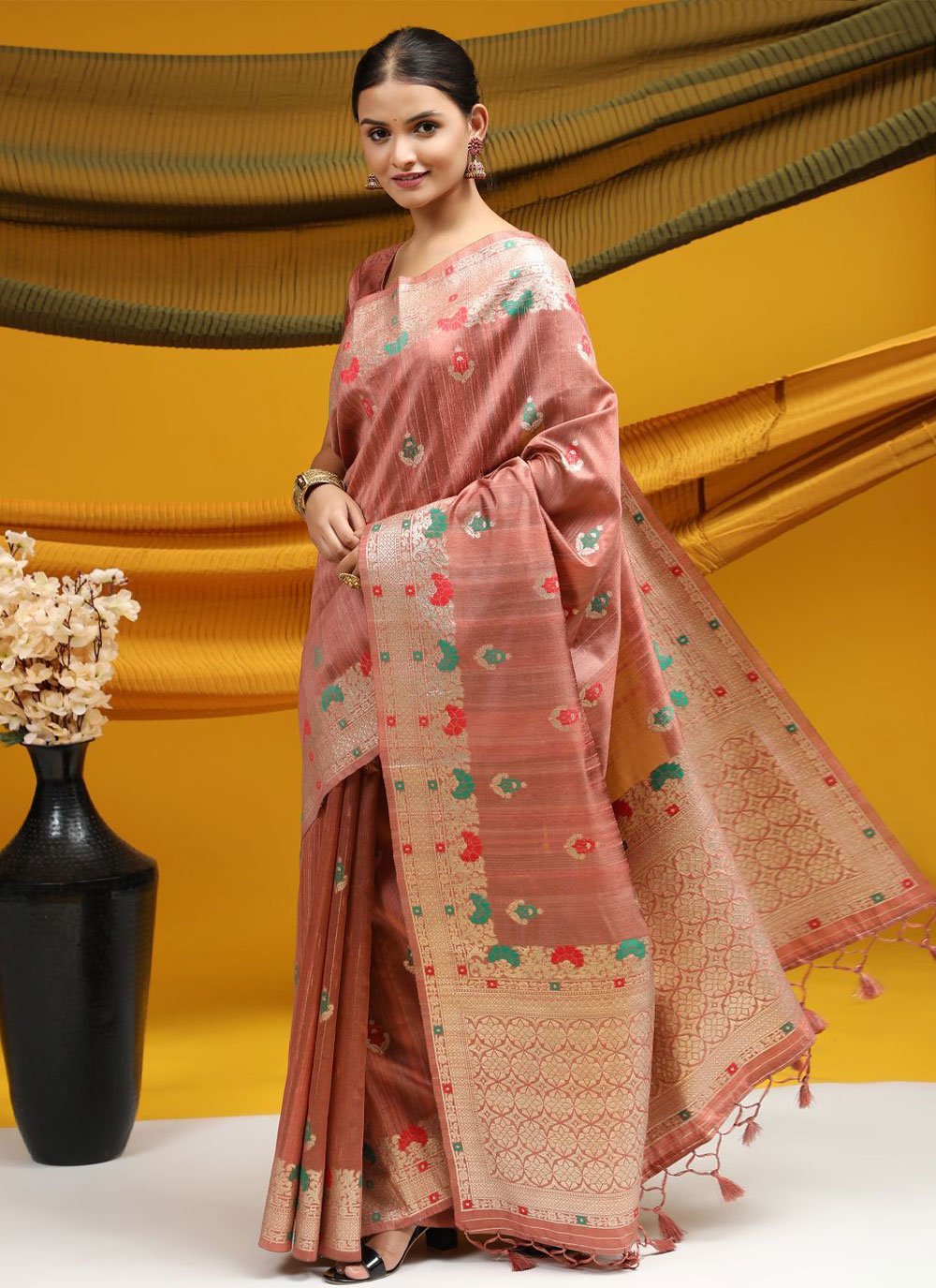 Classic Tussar Silk Peach Meena Saree