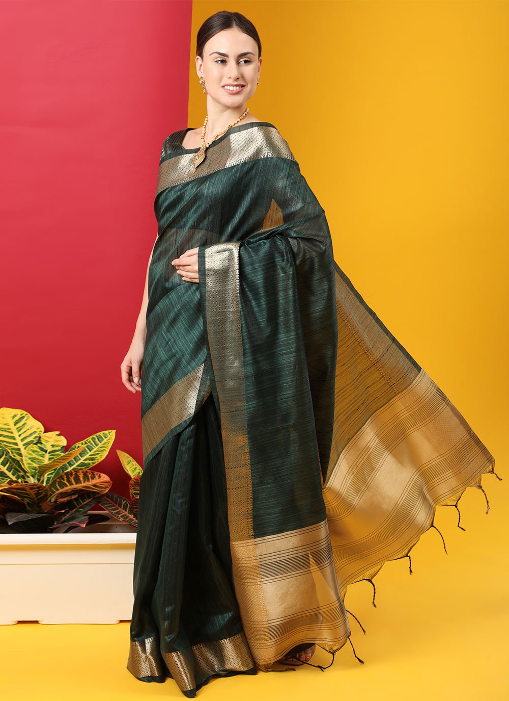 Trendy Saree Tussar Silk Green Woven Saree