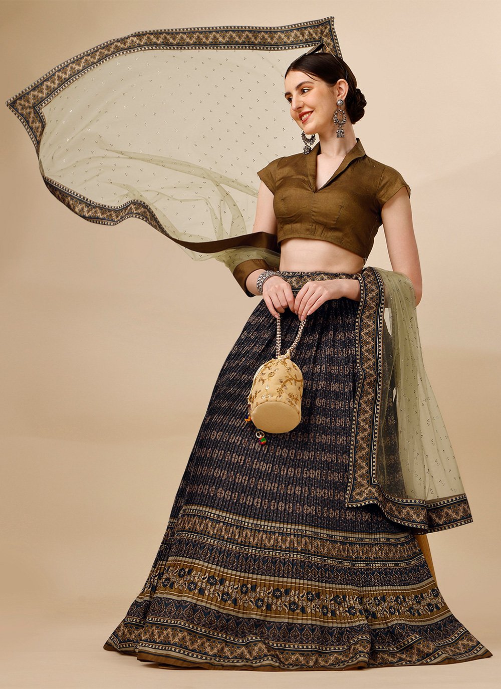 A Line Lehenga Tussar Silk Multi Colour Print Lehenga Choli