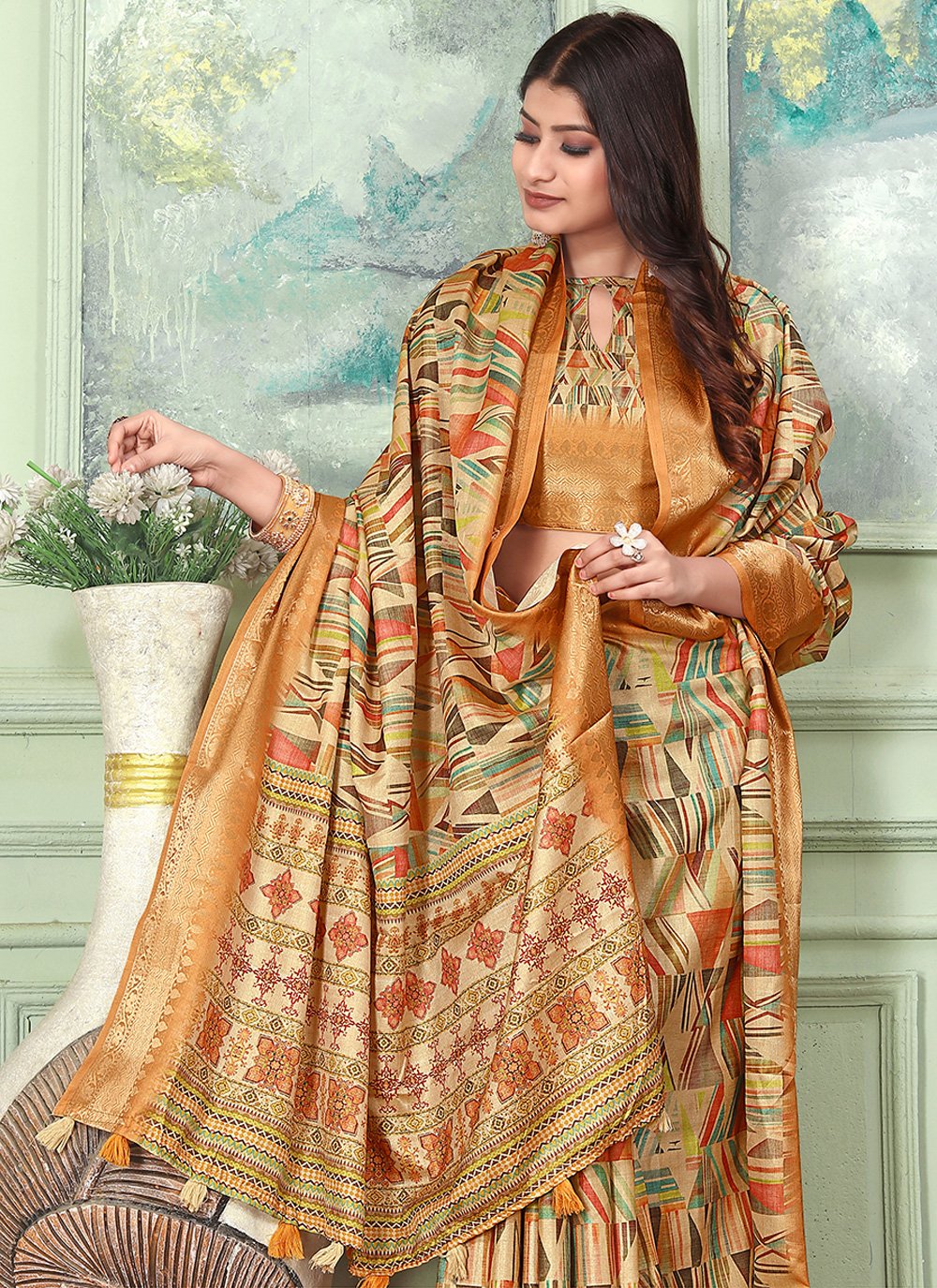 Contemporary Banarasi Silk Tussar Silk Orange Weaving Saree