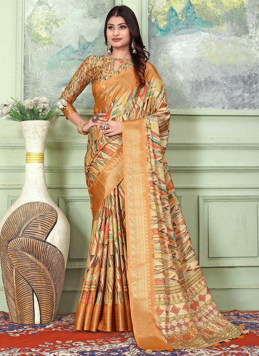 Contemporary Banarasi Silk Tussar Silk Orange Weaving Saree