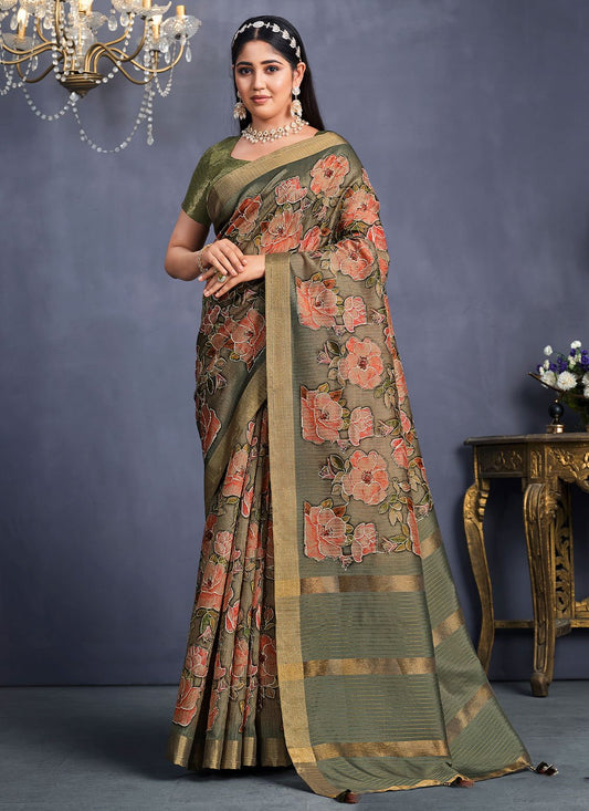 Contemporary Tussar Silk Grey Embroidered Saree