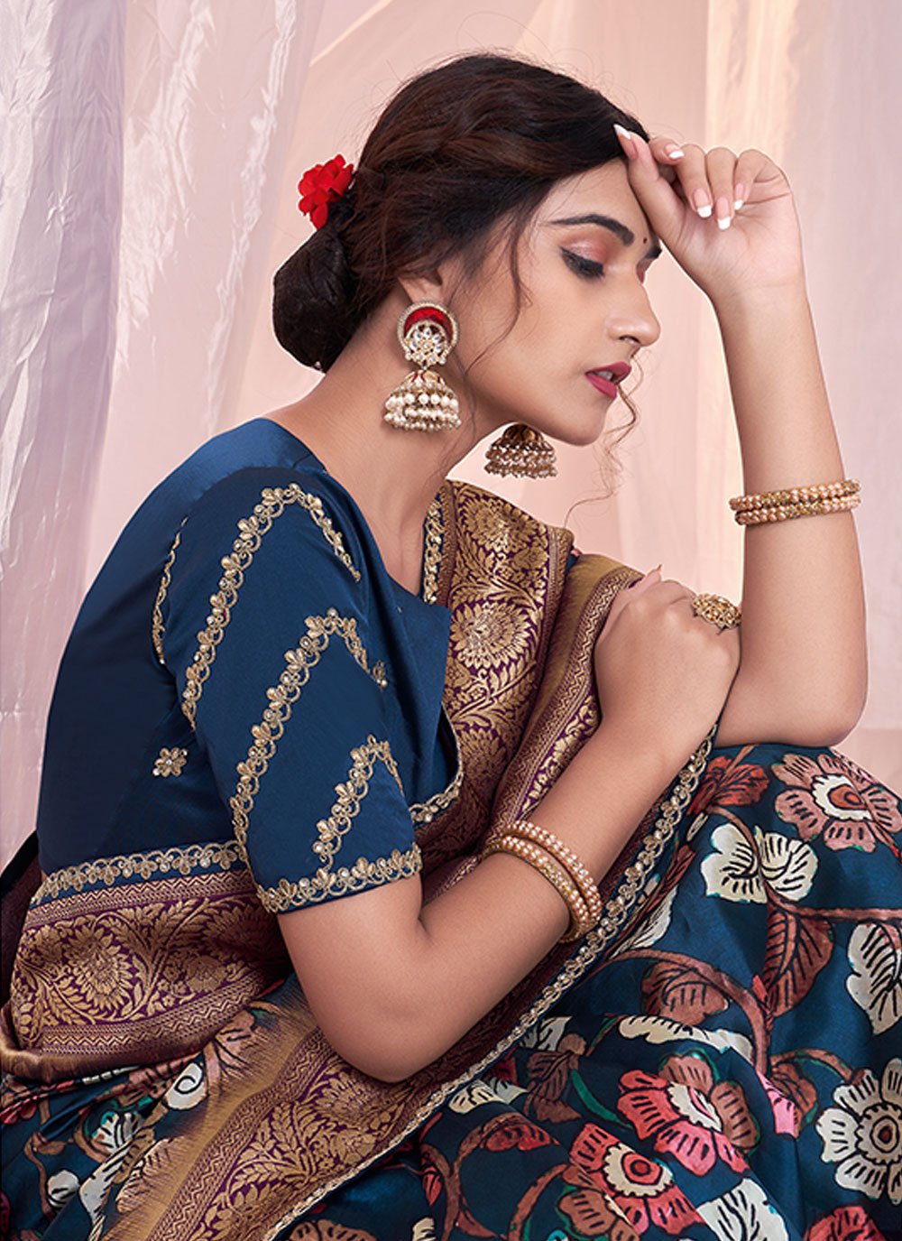 Designer Tussar Silk Blue Print Saree