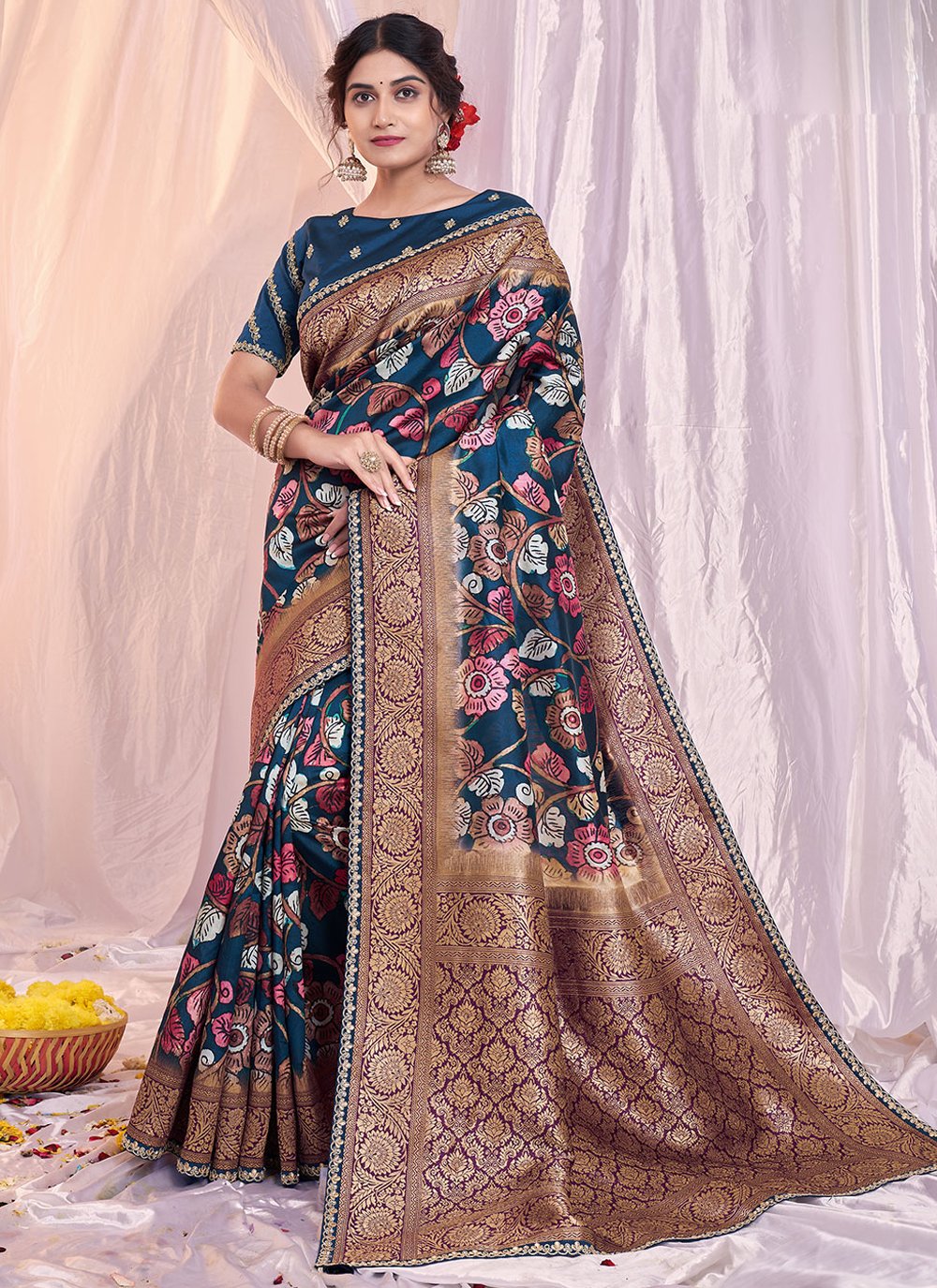 Designer Tussar Silk Blue Print Saree