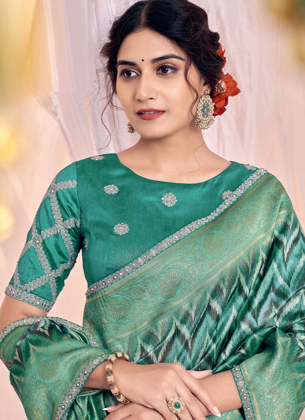 Designer Tussar Silk Sea Green Print Saree