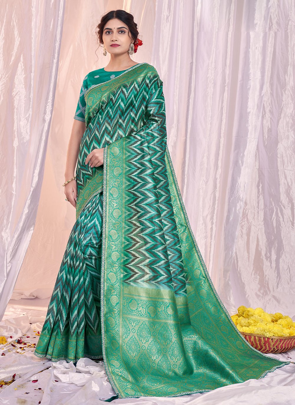 Designer Tussar Silk Sea Green Print Saree