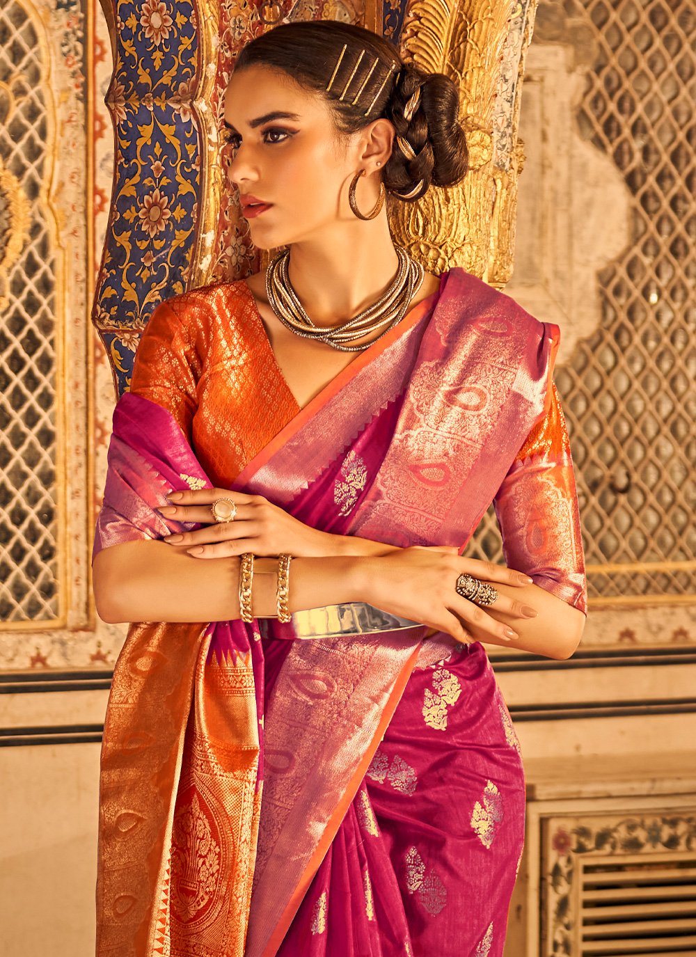 Contemporary Tussar Silk Hot Pink Weaving Saree