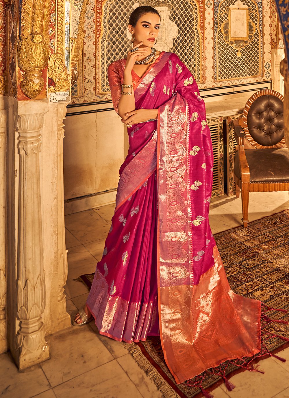 Contemporary Tussar Silk Hot Pink Weaving Saree