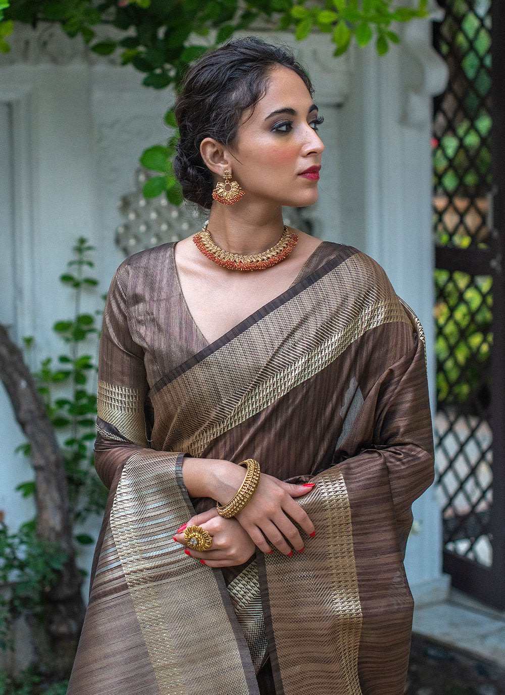 Contemporary Tussar Silk Brown Woven Saree