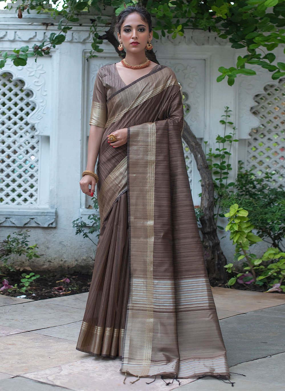 Contemporary Tussar Silk Brown Woven Saree