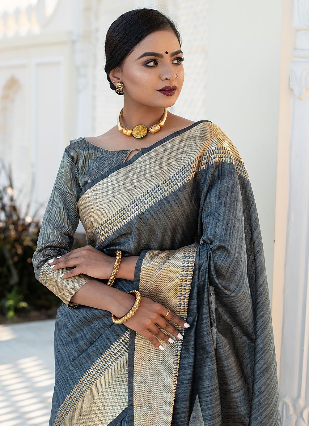 Classic Tussar Silk Grey Woven Saree