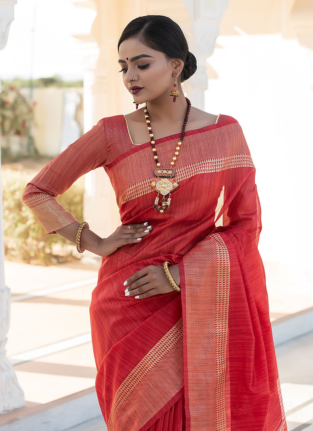 Trendy Saree Tussar Silk Red Woven Saree