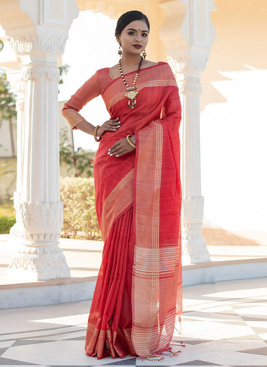 Trendy Saree Tussar Silk Red Woven Saree