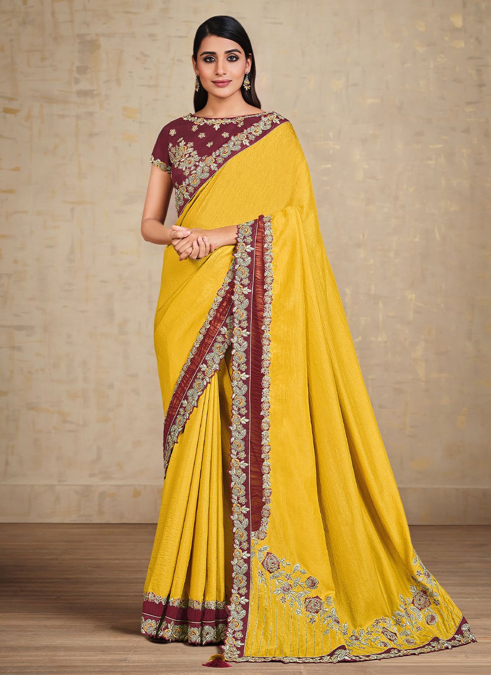 Classic Tussar Silk Yellow Embroidered Saree