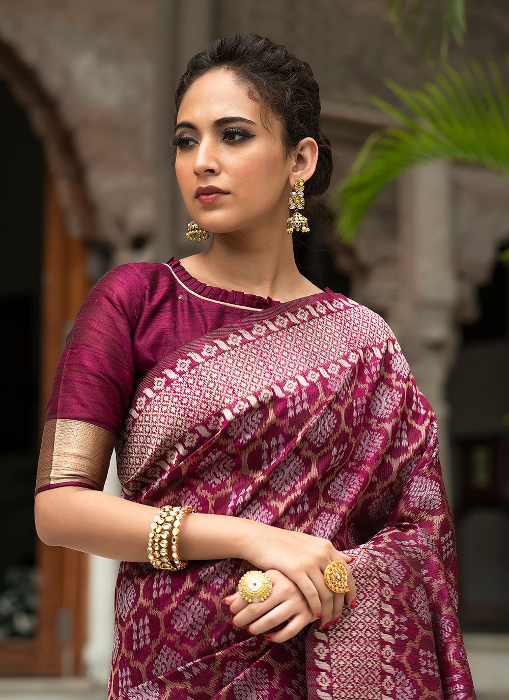 Contemporary Tussar Silk Wine Woven Saree