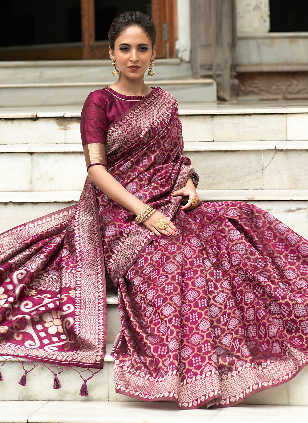 Contemporary Tussar Silk Wine Woven Saree