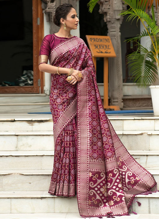 Contemporary Tussar Silk Wine Woven Saree