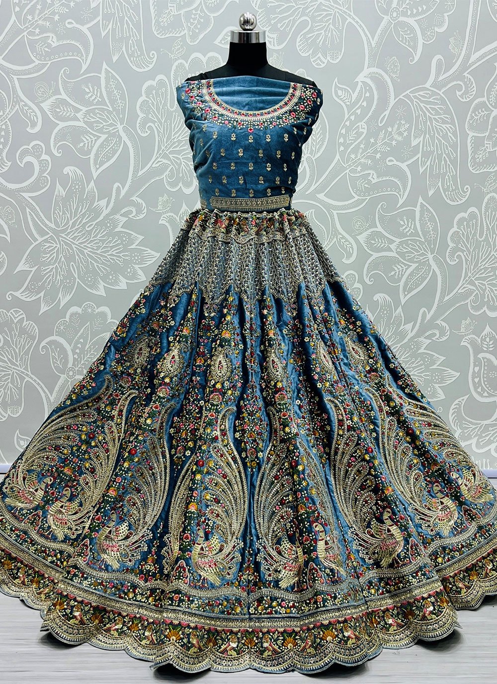 A Line Lehenga Velvet Turquoise Booti Lehenga Choli