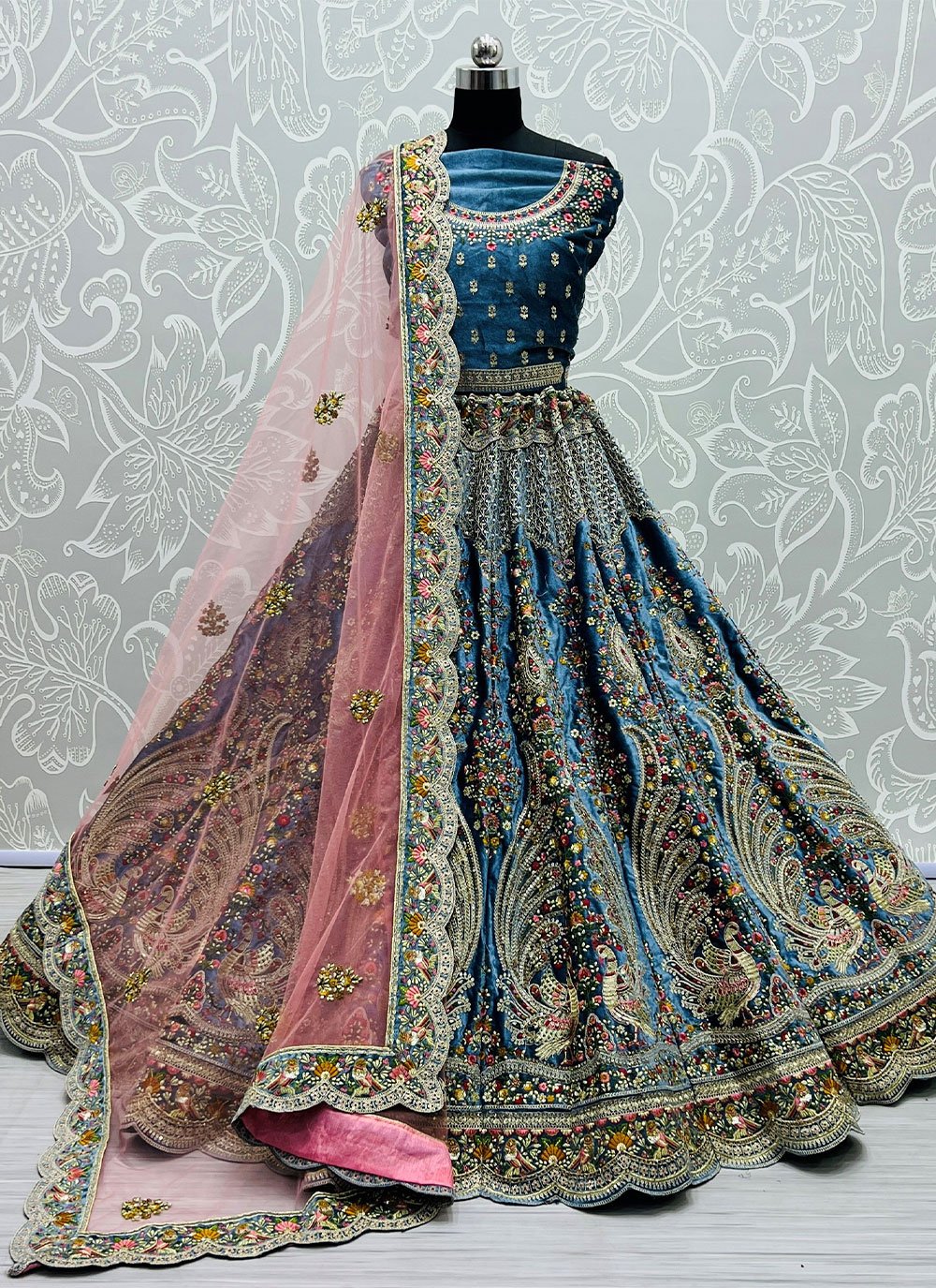 A Line Lehenga Velvet Turquoise Booti Lehenga Choli