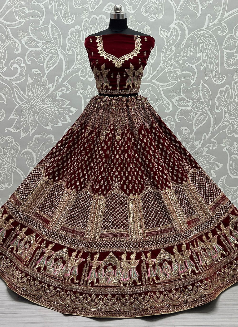 A Line Lehenga Velvet Maroon Diamond Lehenga Choli