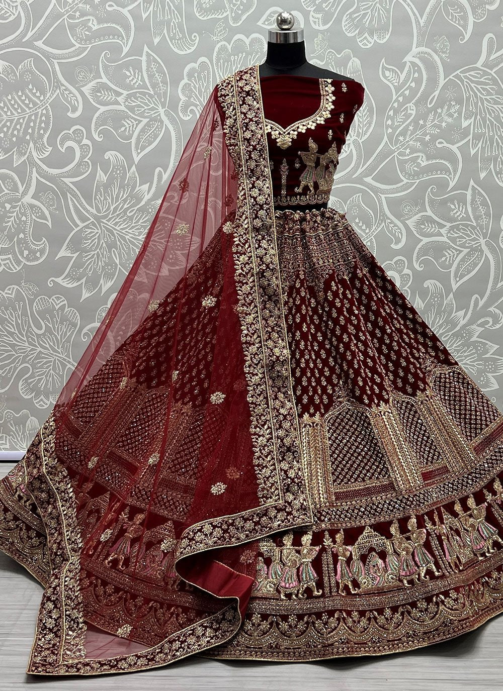 A Line Lehenga Velvet Maroon Diamond Lehenga Choli