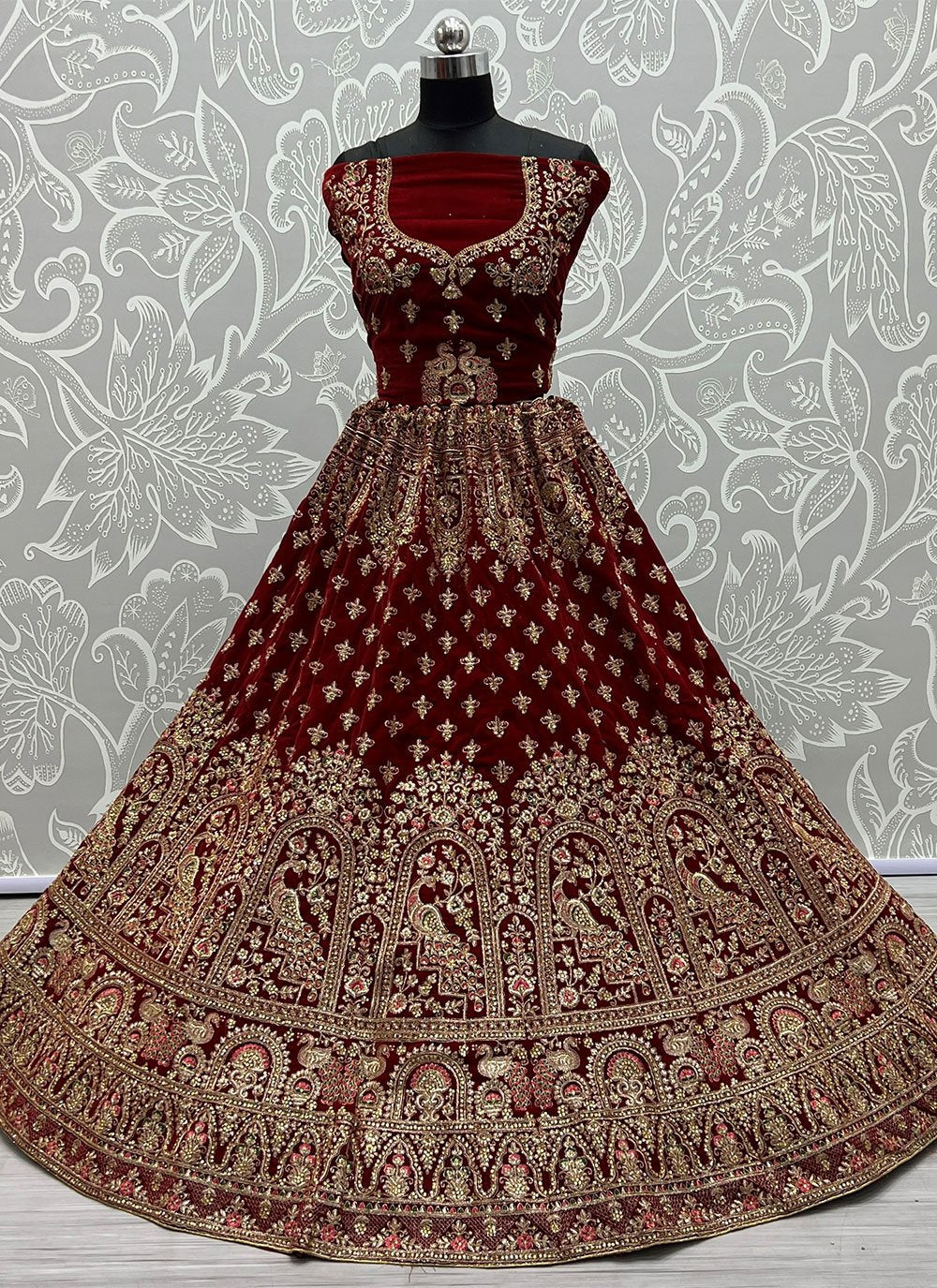 A Line Lehenga Velvet Maroon Diamond Lehenga Choli