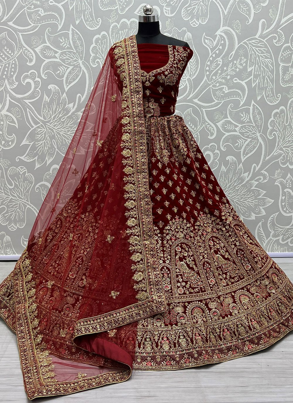 A Line Lehenga Velvet Maroon Diamond Lehenga Choli