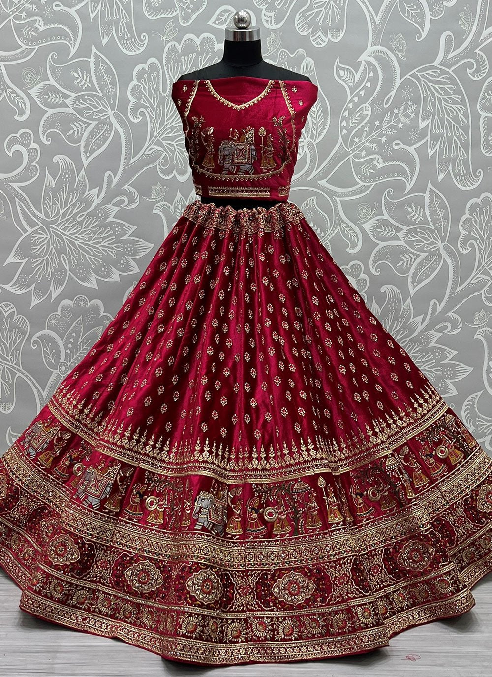 A Line Lehenga Velvet Maroon Dori Work Lehenga Choli