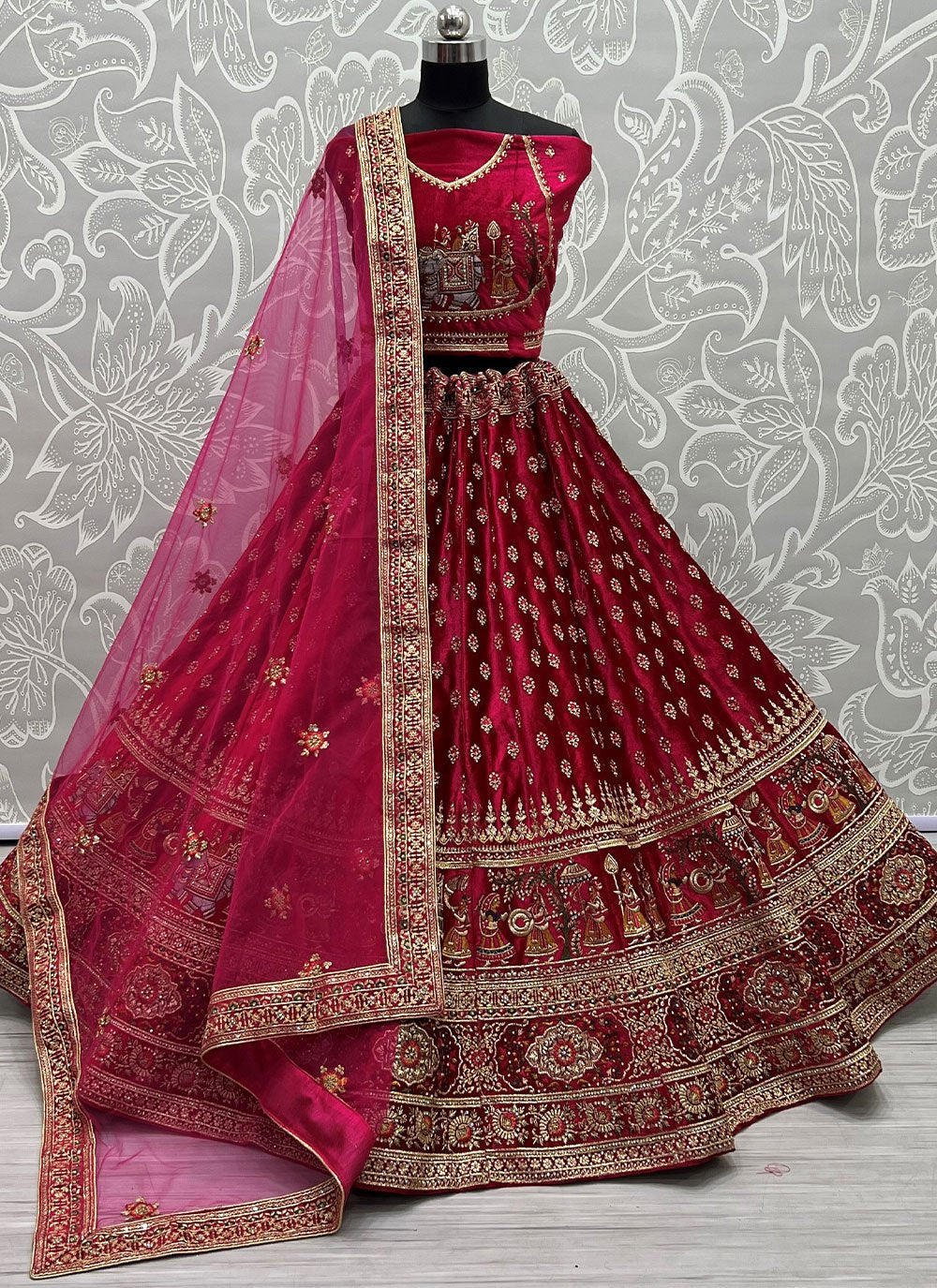 A Line Lehenga Velvet Maroon Dori Work Lehenga Choli