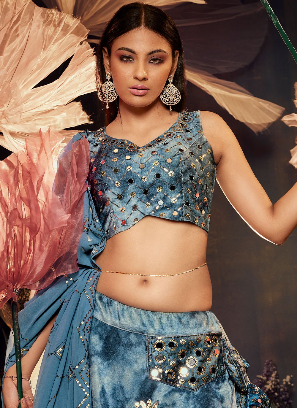 Lehenga Choli Velvet Aqua Blue Embroidered Lehenga Choli