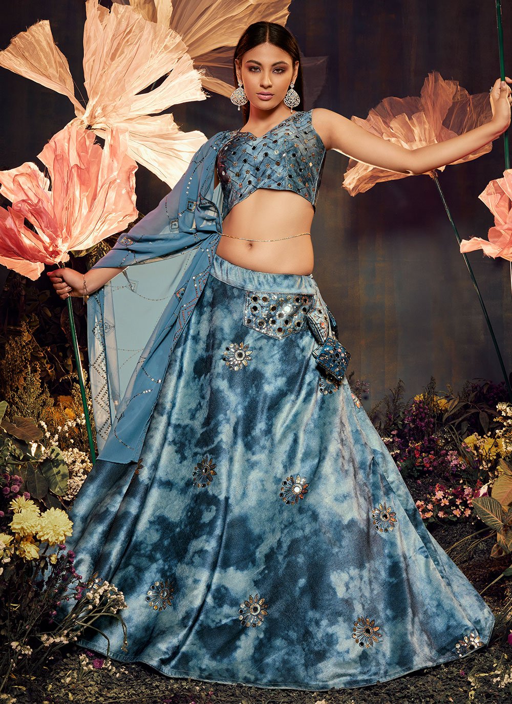 Lehenga Choli Velvet Aqua Blue Embroidered Lehenga Choli