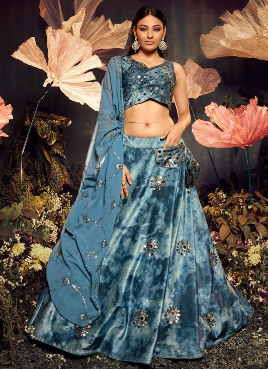 Lehenga Choli Velvet Aqua Blue Embroidered Lehenga Choli