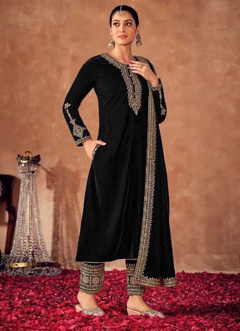 Pant Style Suit Velvet Black Embroidered Salwar Kameez
