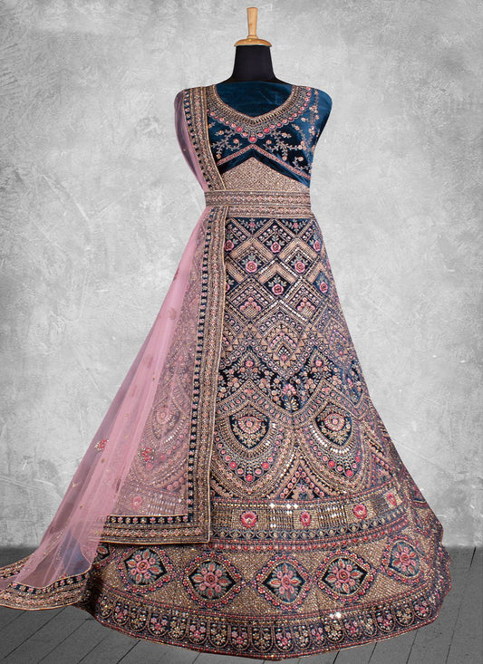 Lehenga Choli Velvet Blue Embroidered Lehenga Choli