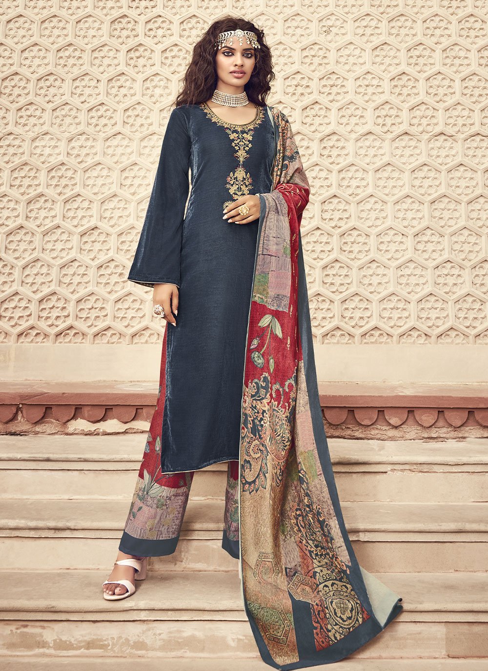 Salwar Suit Velvet Blue Embroidered Salwar Kameez