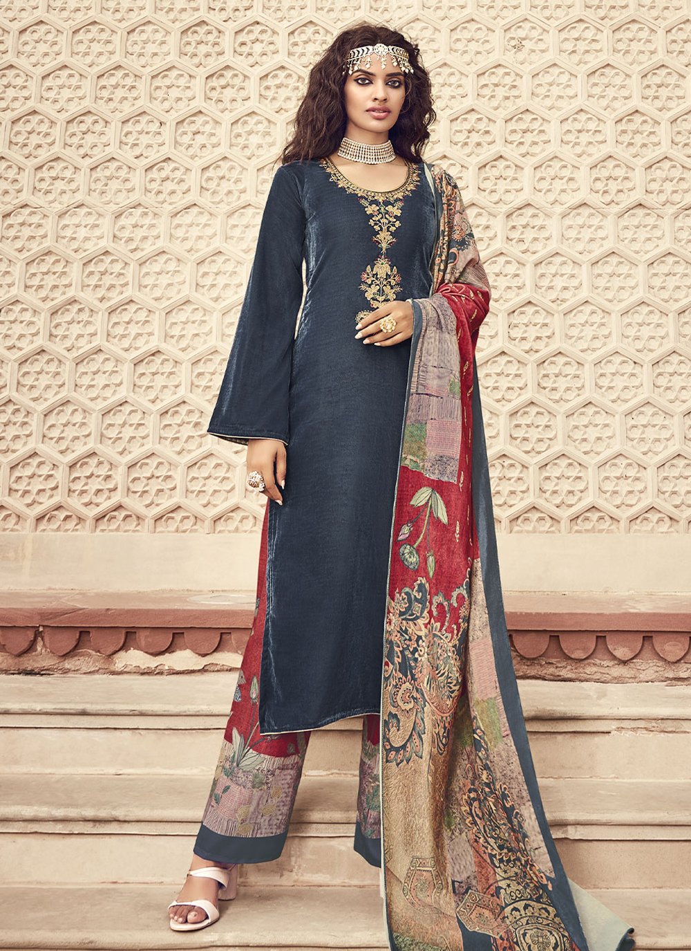 Salwar Suit Velvet Blue Embroidered Salwar Kameez