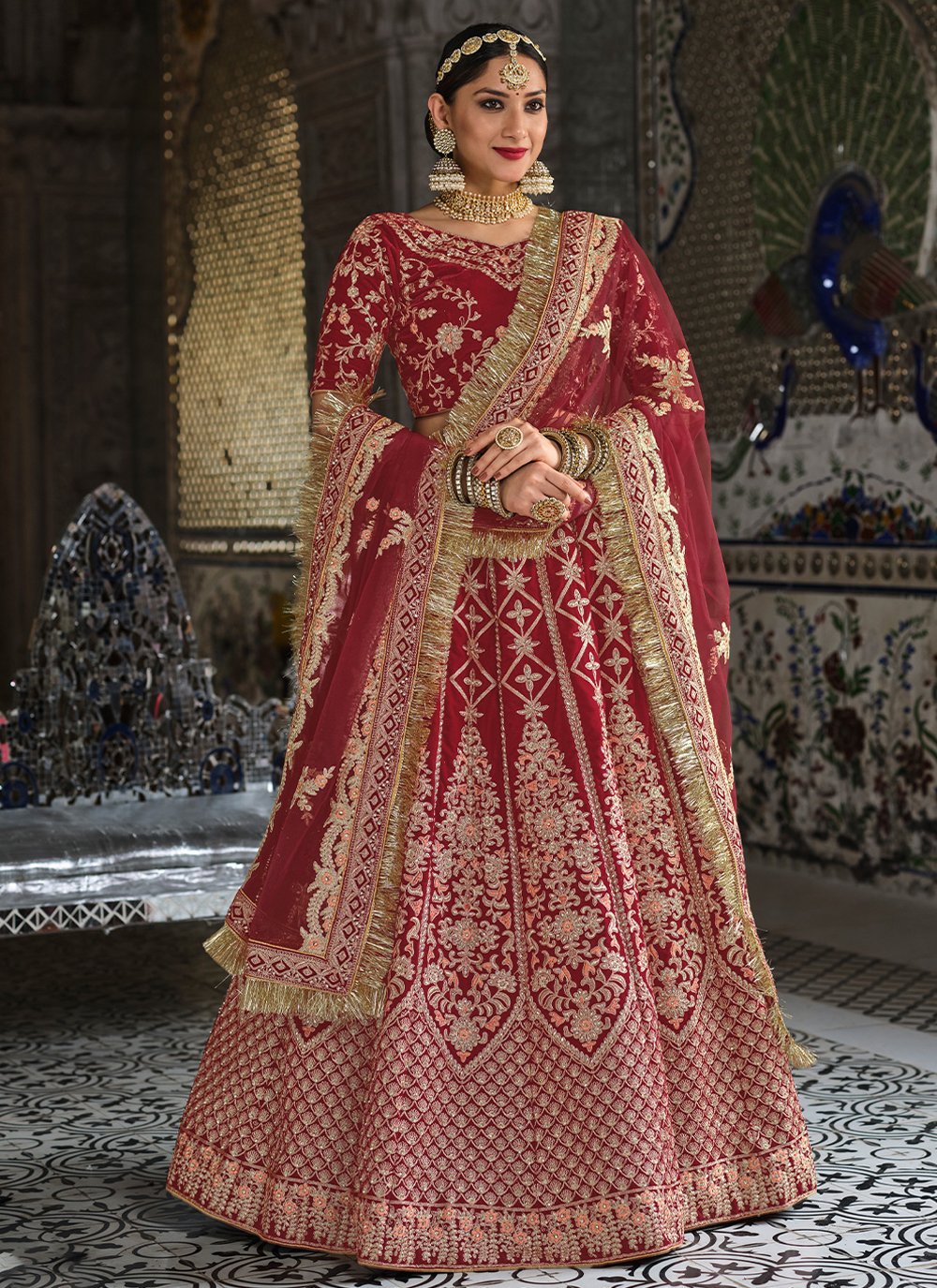 Lehenga Choli Velvet Maroon Dori Work Lehenga Choli