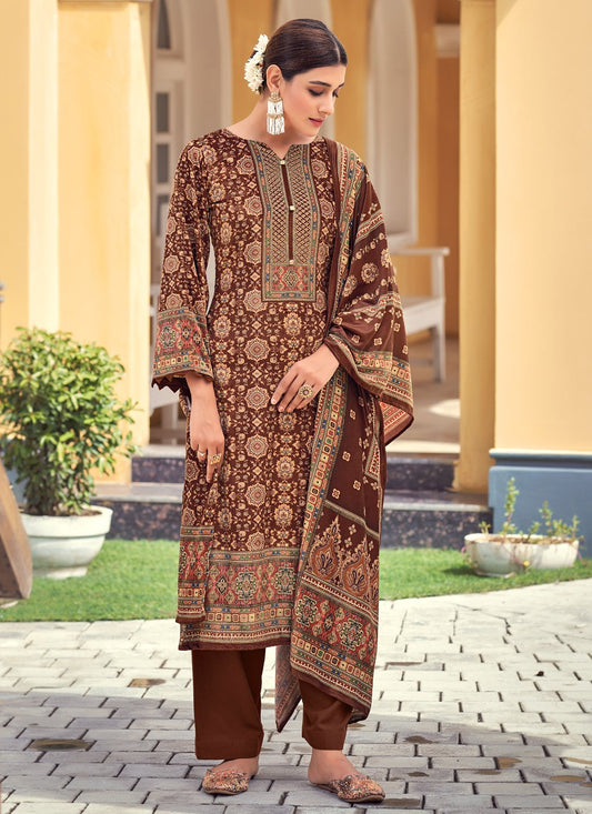 Palazzo Salwar Suit Velvet Brown Digital Print Salwar Kameez