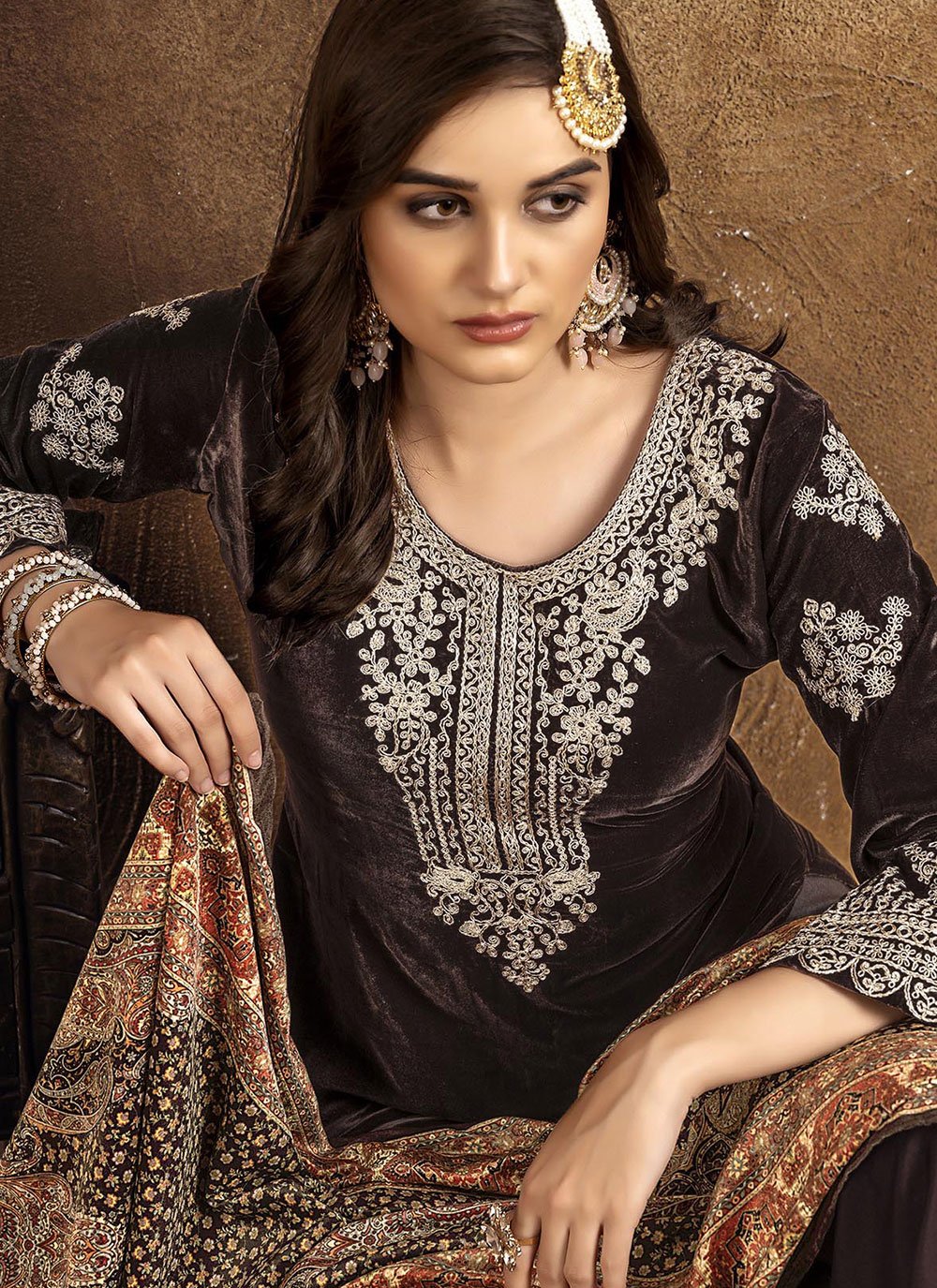 Palazzo Salwar Suit Velvet Brown Embroidered Salwar Kameez