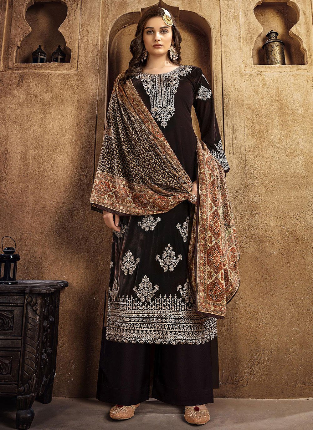 Palazzo Salwar Suit Velvet Brown Embroidered Salwar Kameez