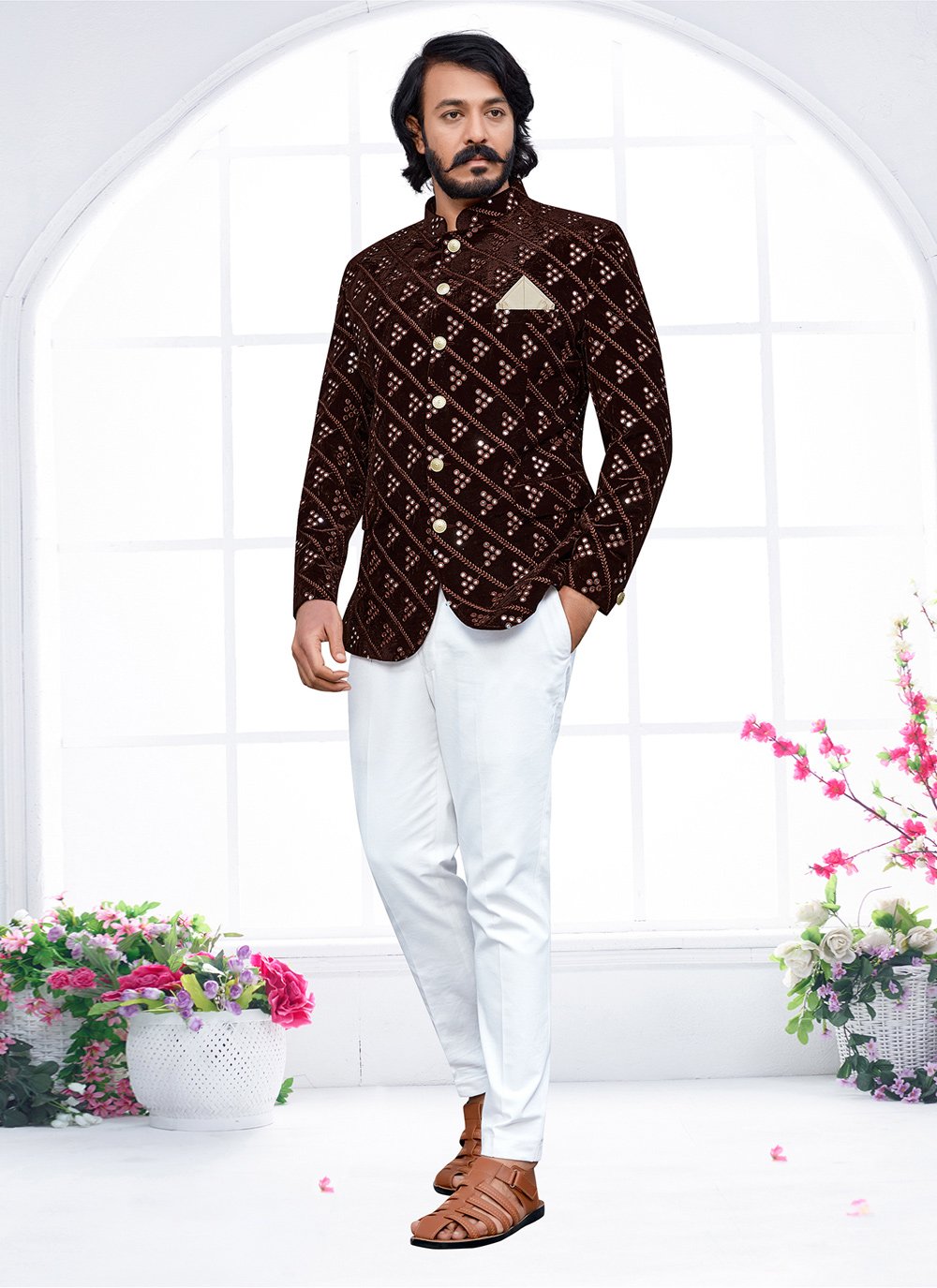 Jodhpuri Suit Velvet Brown Embroidered Mens