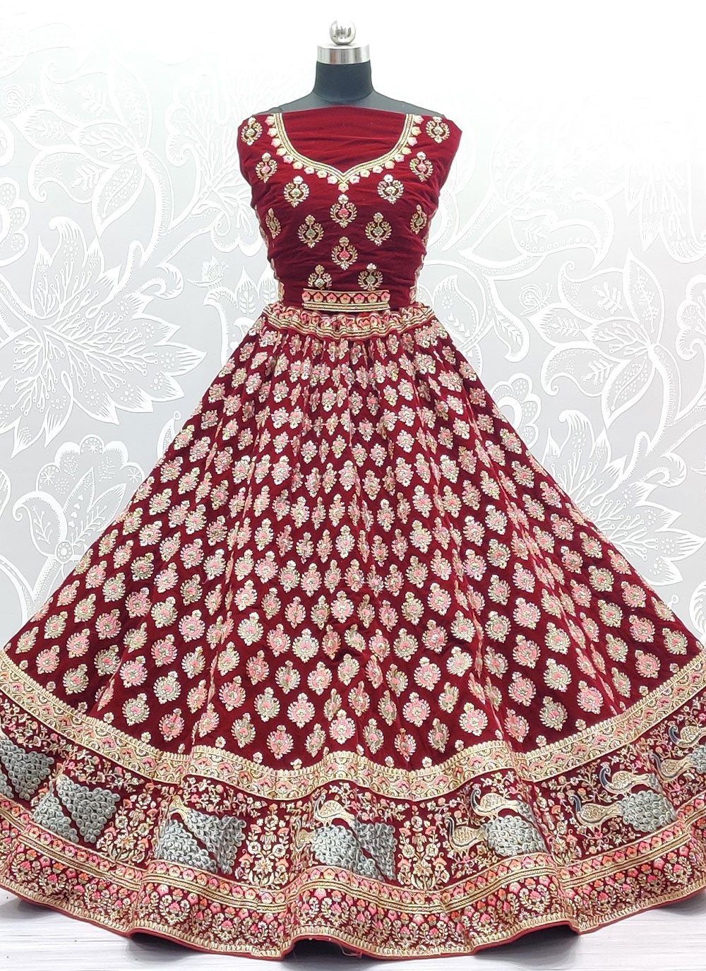 Lehenga Choli Velvet Maroon Booti Lehenga Choli