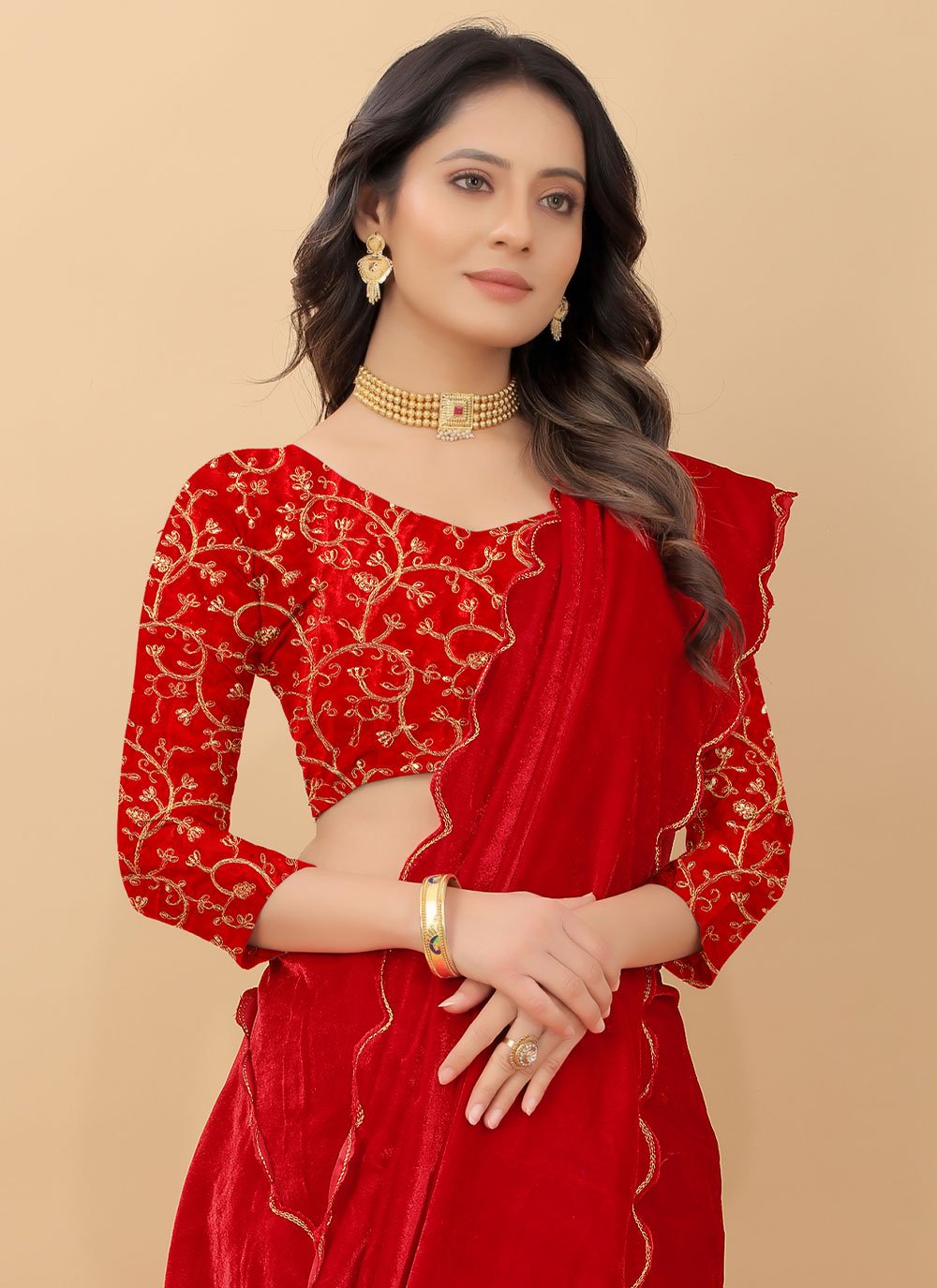 Contemporary Velvet Red Embroidered Saree