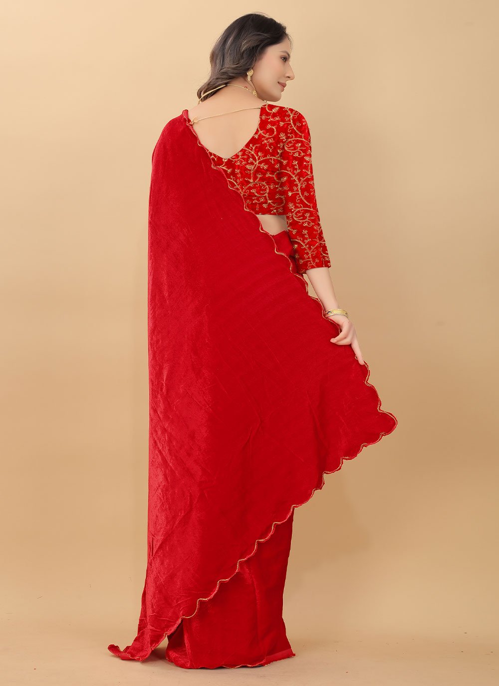 Contemporary Velvet Red Embroidered Saree