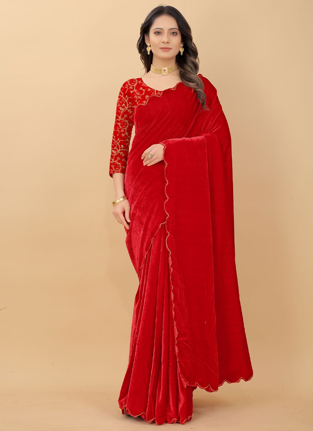 Contemporary Velvet Red Embroidered Saree