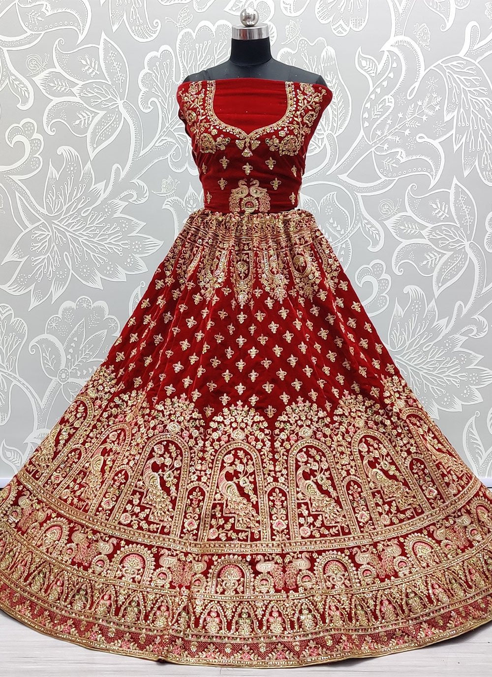 Lehenga Choli Velvet Red Dimond Lehenga Choli