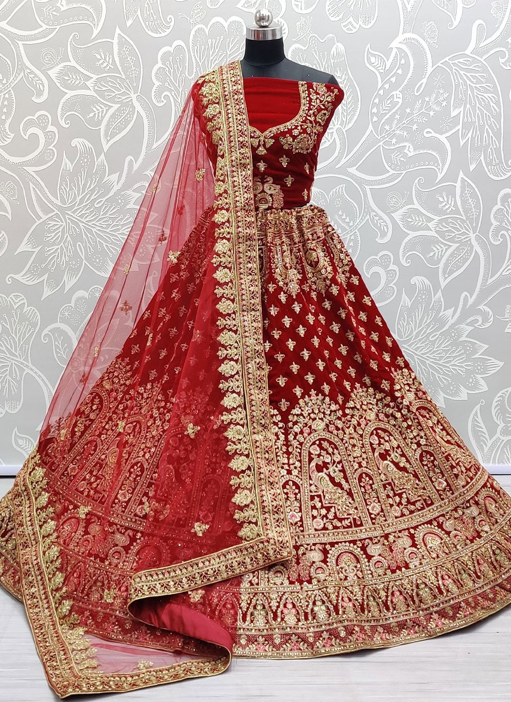 Lehenga Choli Velvet Red Dimond Lehenga Choli