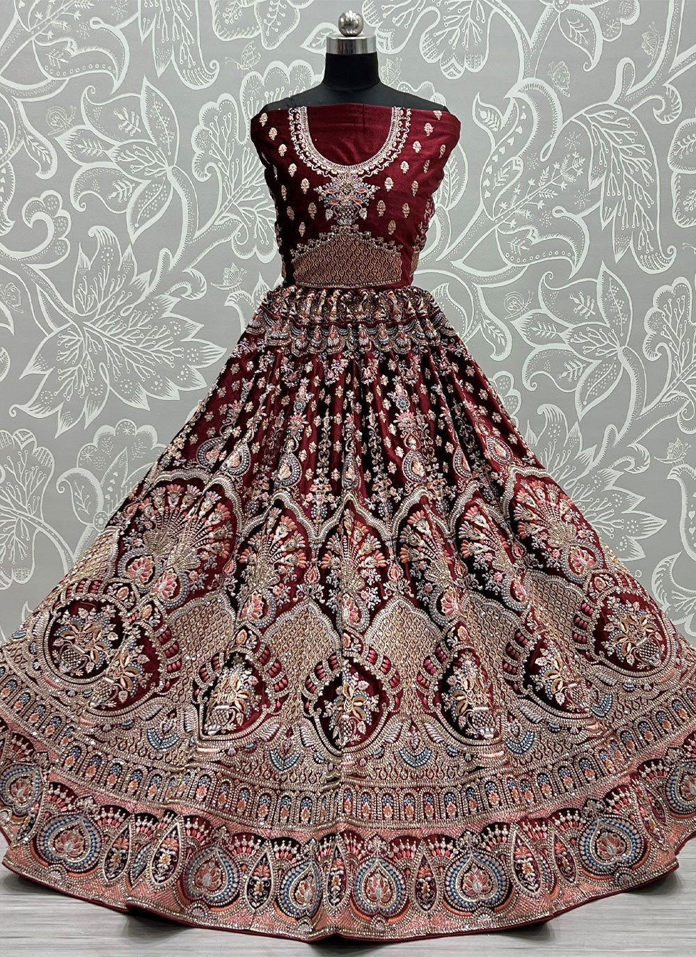 Lehenga Choli Velvet Maroon Embroidered Lehenga Choli