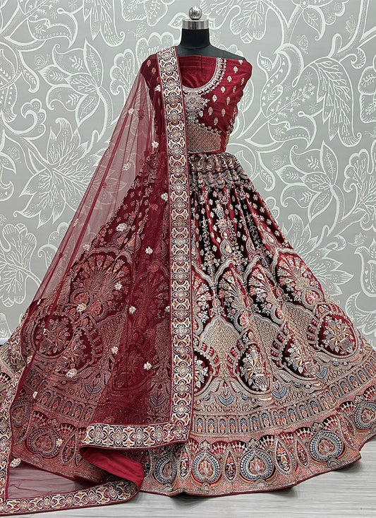 Lehenga Choli Velvet Maroon Embroidered Lehenga Choli